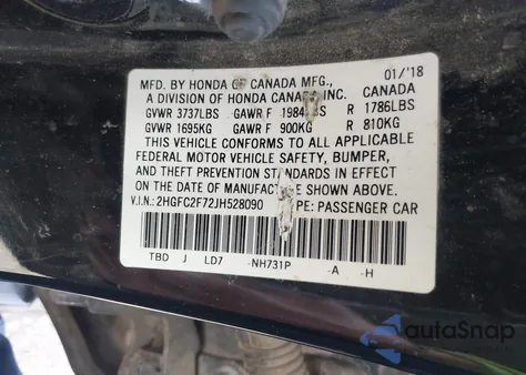 2018 Honda Civic Ex из США, поврежденный, VIN 2HGFC2F72JH528090